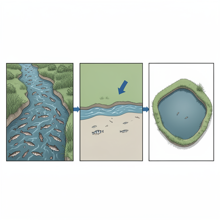 AI-generated conceptual illustration (riverine floodplain wetlands and freshwater fish). It explains the idea and does not show study data.