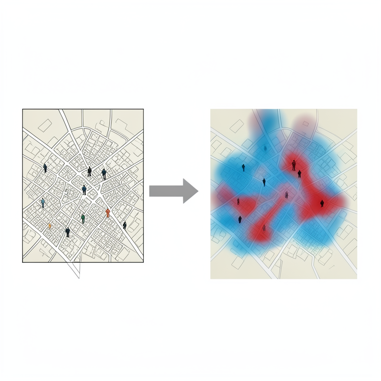 AI-generated conceptual illustration (a city map with stylized human figures representing burglars). It explains the idea and does not show study data.