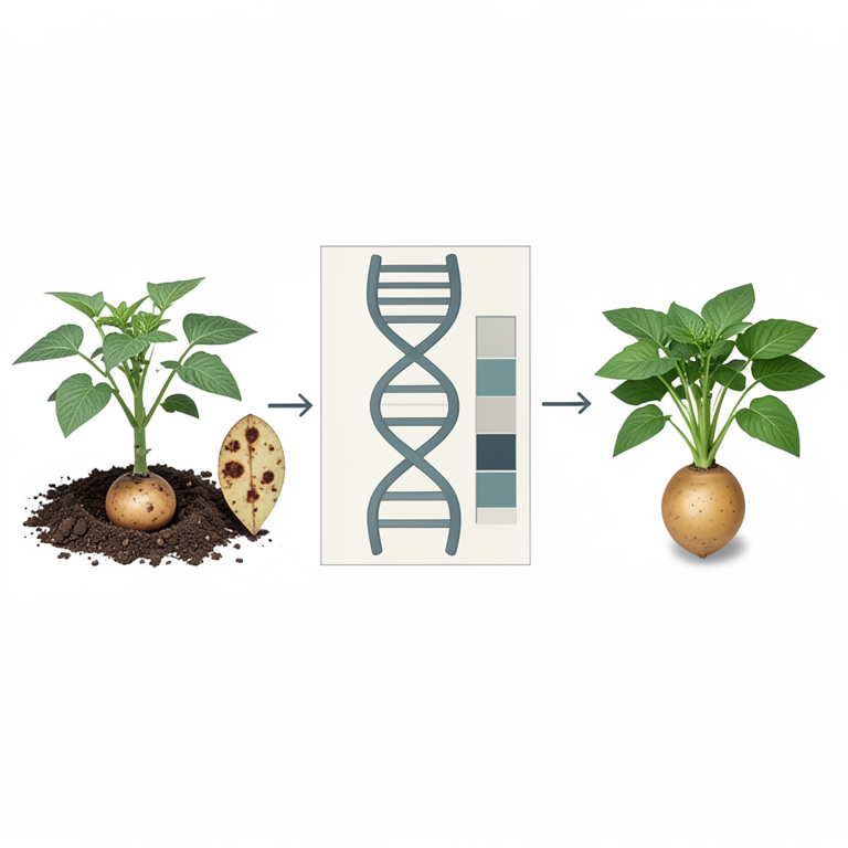 AI-generated conceptual illustration (potato plants (Solanum tuberosum)). It explains the idea and does not show study data.