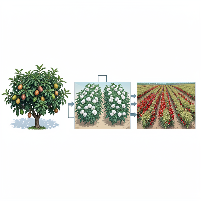 AI-generated conceptual illustration (A diversified farm in Karnataka, India, featuring guava trees, jamun trees, cotton plants, chilli plants, red gram, andจ). It explains the idea and does not show study data.