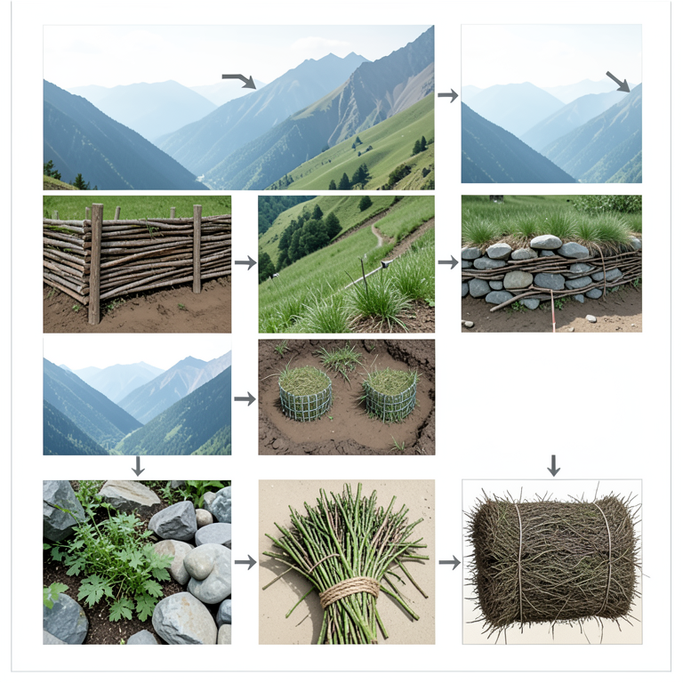 AI-generated conceptual illustration (Andes foothills slope with native vegetation and bioengineering structures). It explains the idea and does not show study data.