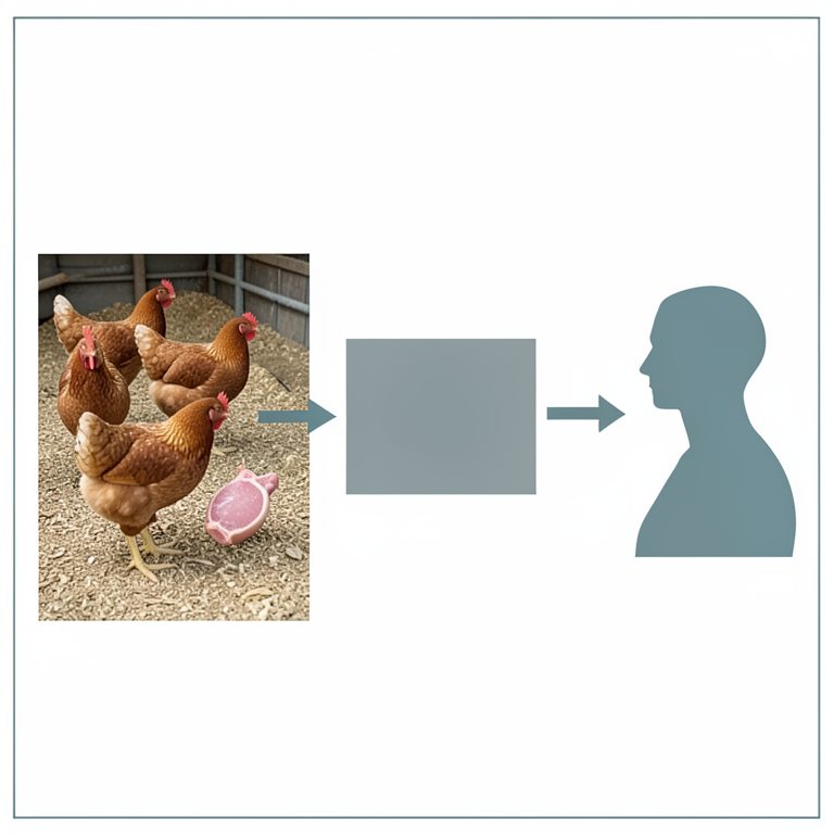 AI-generated conceptual illustration (broiler chickens, poultry house litter, eggs, and raw meat). It explains the idea and does not show study data.
