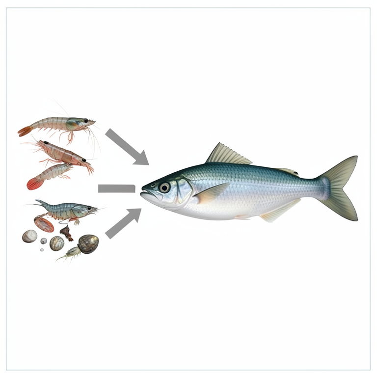 AI-generated conceptual illustration (Flat needle fish (Ablennes hians), small forage fish, shrimp, and small mollusks). It explains the idea and does not show study data.