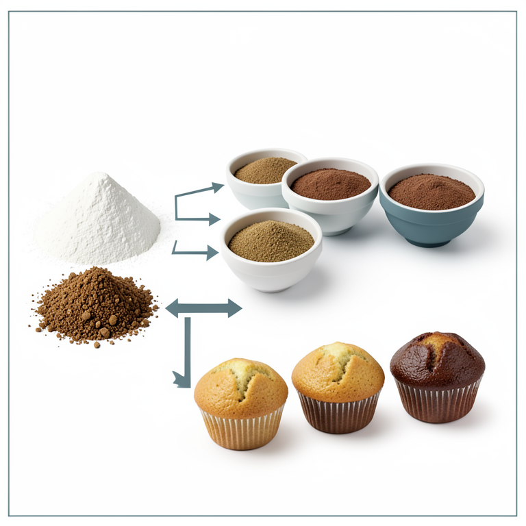 AI-generated conceptual illustration (walnut okara powder, refined wheat flour, and baked muffins). It explains the idea and does not show study data.
