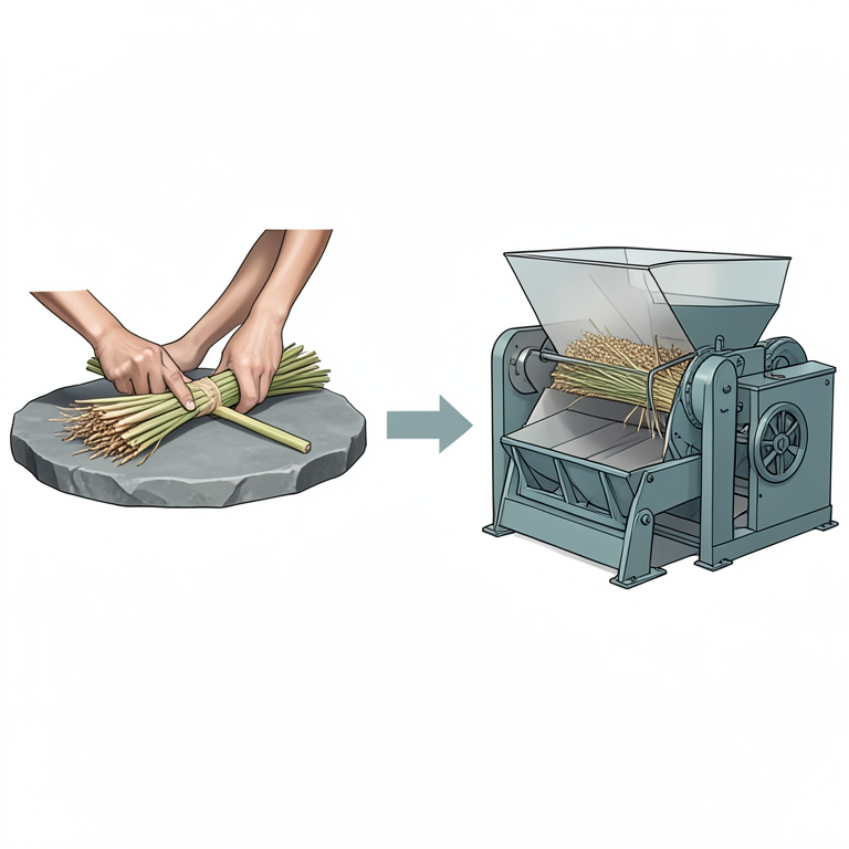 AI-generated conceptual illustration (sorghum plants and a mechanical sorghum thresher). It explains the idea and does not show study data.