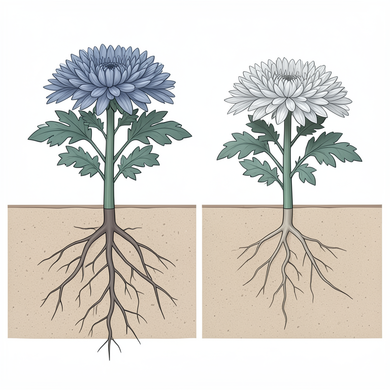 AI-generated conceptual illustration (chrysanthemum plants in saline soil). It explains the idea and does not show study data.