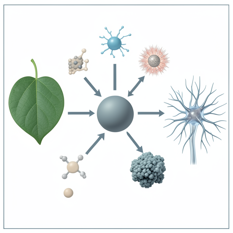 AI-generated conceptual illustration (Bacopa monnieri leaf extract and human SH-SY5Y neuroblastoma cells). It explains the idea and does not show study data.