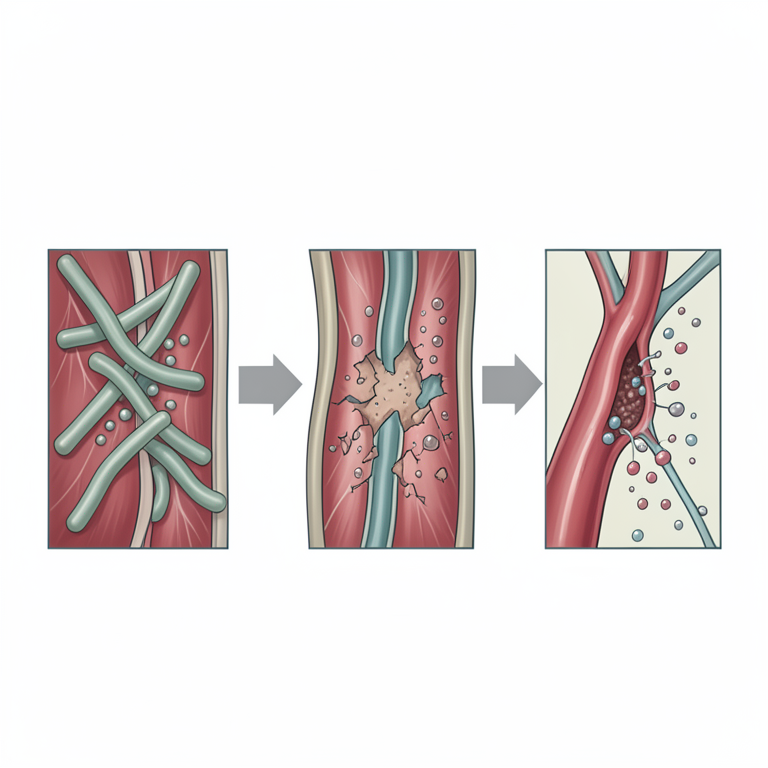 AI-generated conceptual illustration (German shepherd dog muscle tissue and bloodstream). It explains the idea and does not show study data.