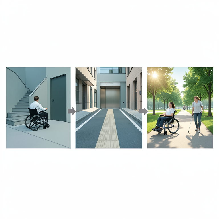 AI-generated conceptual illustration (People with various physical disabilities using assistive devices in a tourist city). It explains the idea and does not show study data.