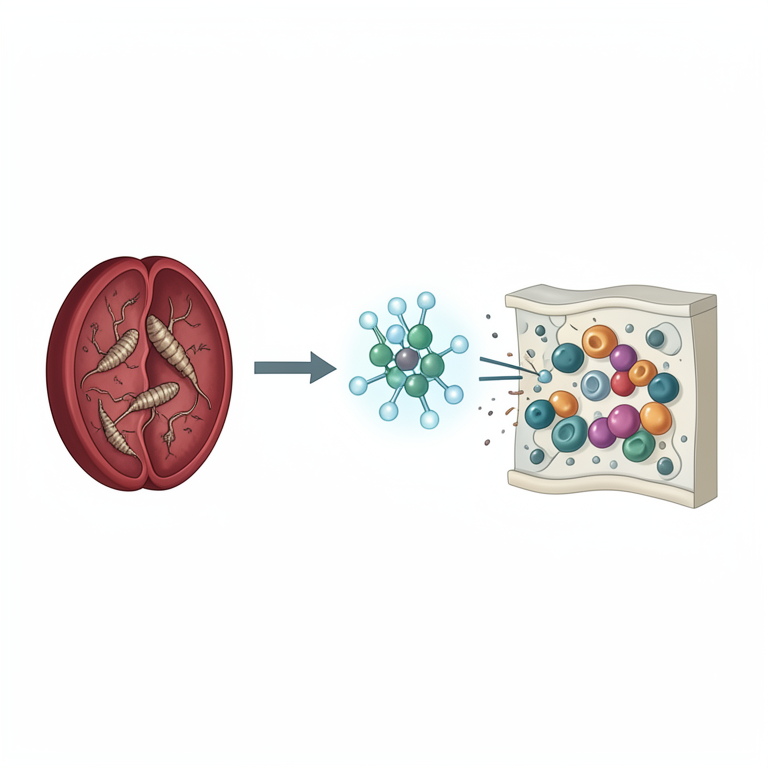 AI-generated conceptual illustration (human blood plasma containing Plasmodium falciparum parasites and red blood cells). It explains the idea and does not show study data.