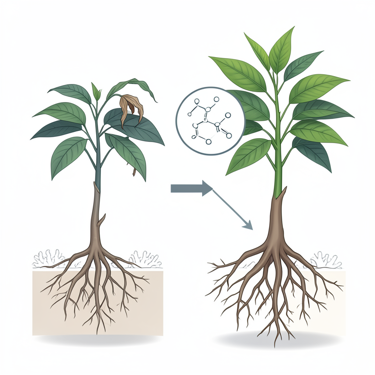 AI-generated conceptual illustration (Cinnamon plants (Cinnamomum verum) in coral soil). It explains the idea and does not show study data.