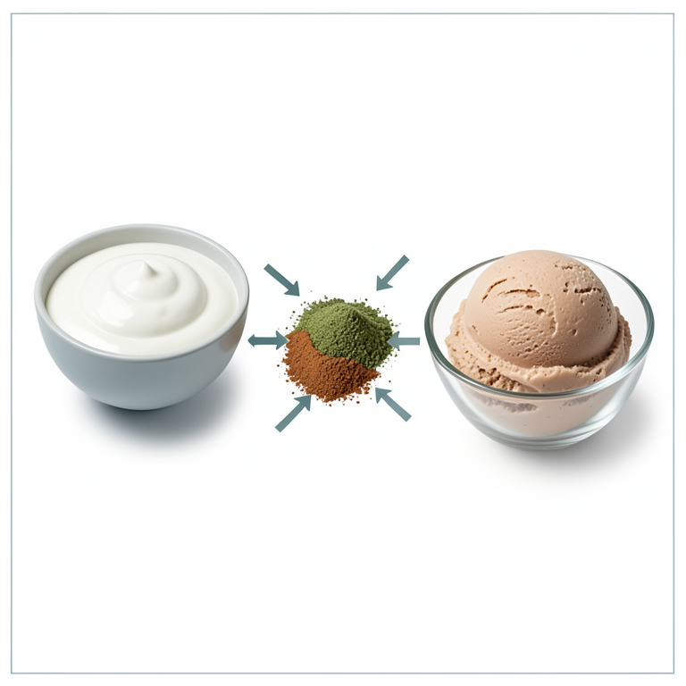 AI-generated conceptual illustration (Vanilla ice cream with cinnamon and bay leaf powder). It explains the idea and does not show study data.