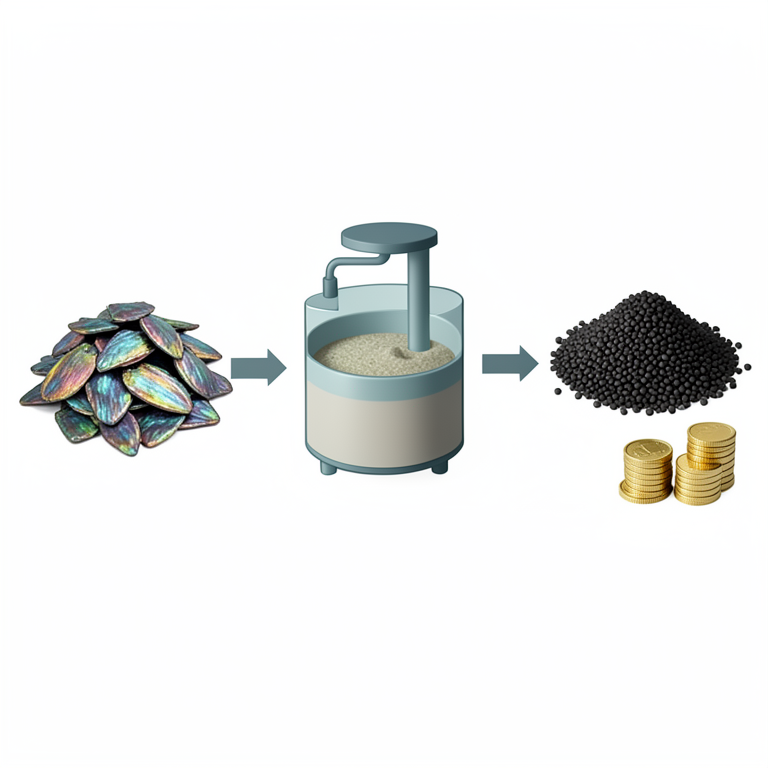 AI-generated conceptual illustration (fish scales and organic biofertilizer). It explains the idea and does not show study data.
