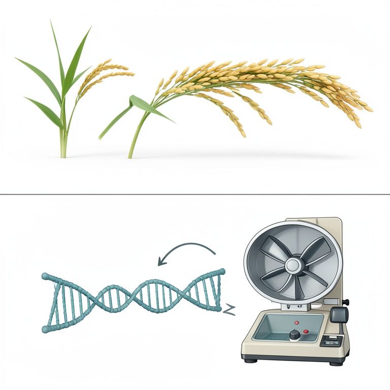 AI-generated conceptual illustration (hybrid rice plants and DNA double helix). It explains the idea and does not show study data.