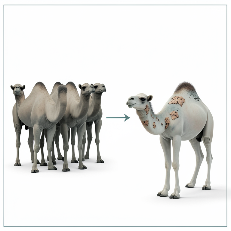 AI-generated conceptual illustration (one-humped camels (Camelus dromedarius)). It explains the idea and does not show study data.