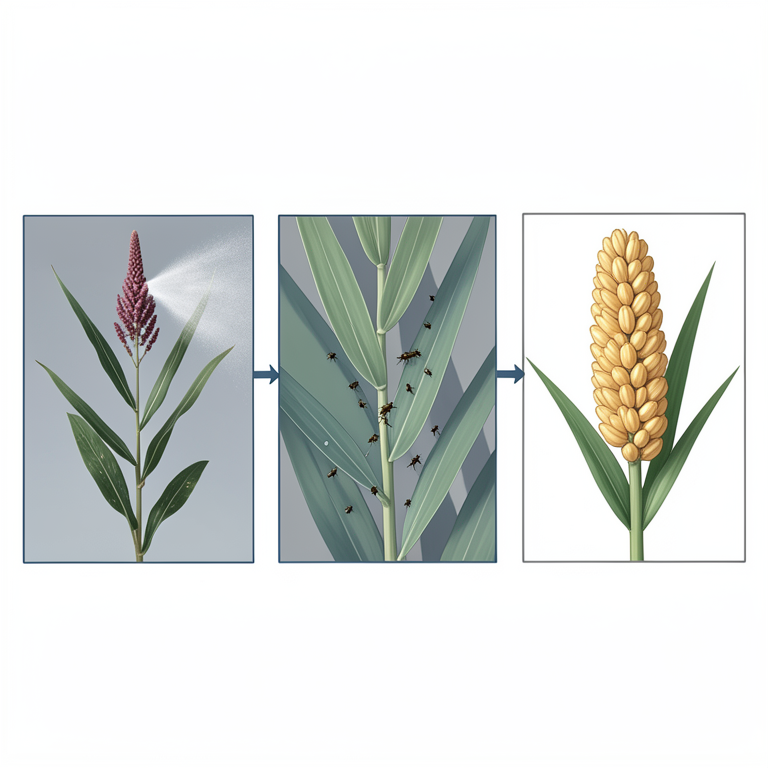 AI-generated conceptual illustration (sorghum plants and insect pests (aphids, stem borers, and shoot flies)). It explains the idea and does not show study data.