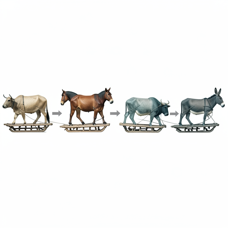 AI-generated conceptual illustration (oxen, horses, water buffaloes, and donkeys). It explains the idea and does not show study data.