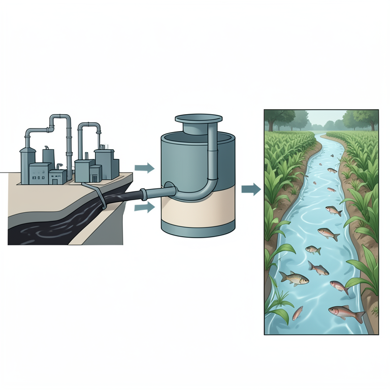AI-generated conceptual illustration (River Ramganga with industrial factories, fish, and crops). It explains the idea and does not show study data.