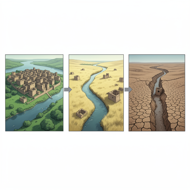 AI-generated conceptual illustration (Ancient Indus Valley river basin landscape with mud-brick settlements). It explains the idea and does not show study data.