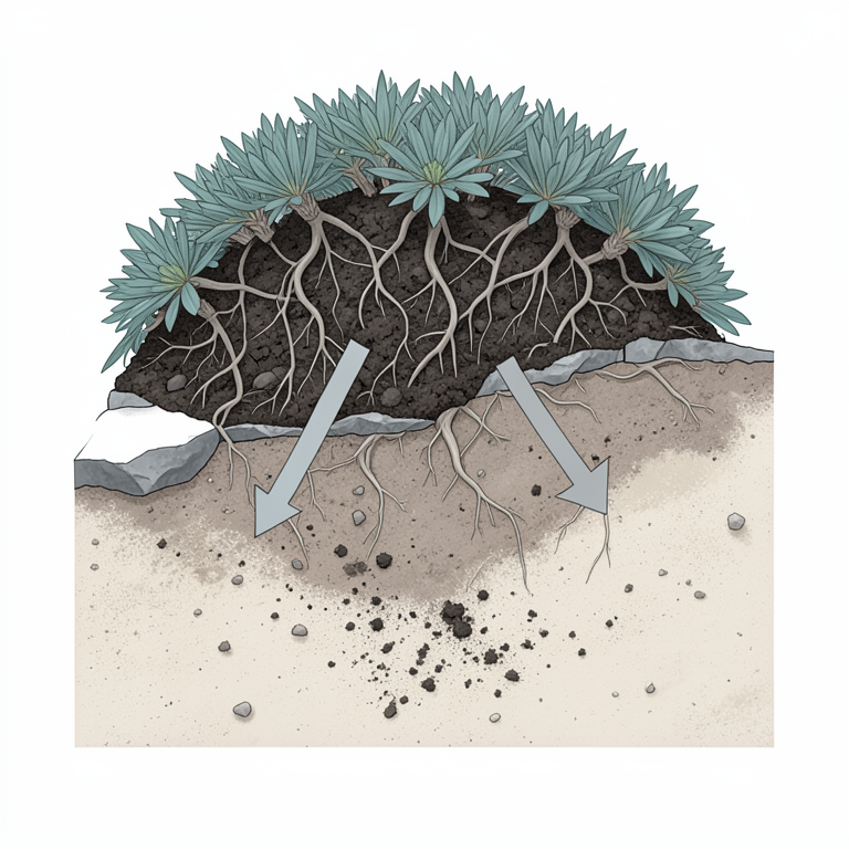 AI-generated conceptual illustration (Androsace cushion plants on a rocky alpine slope). It explains the idea and does not show study data.