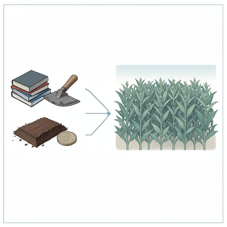AI-generated conceptual illustration (Oilseed crops and farming tools). It explains the idea and does not show study data.