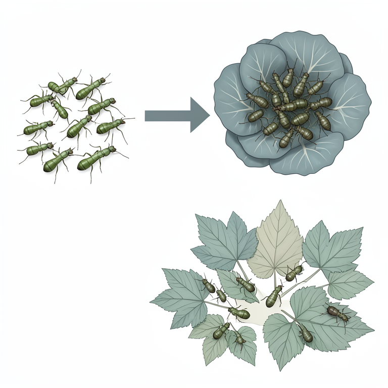 AI-generated conceptual illustration (Myzus persicae aphids on cruciferous plants). It explains the idea and does not show study data.