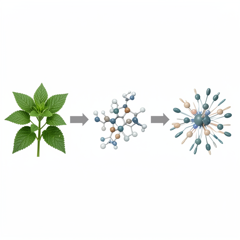 AI-generated conceptual illustration (medicinal plant leaves and chemical molecular structures). It explains the idea and does not show study data.
