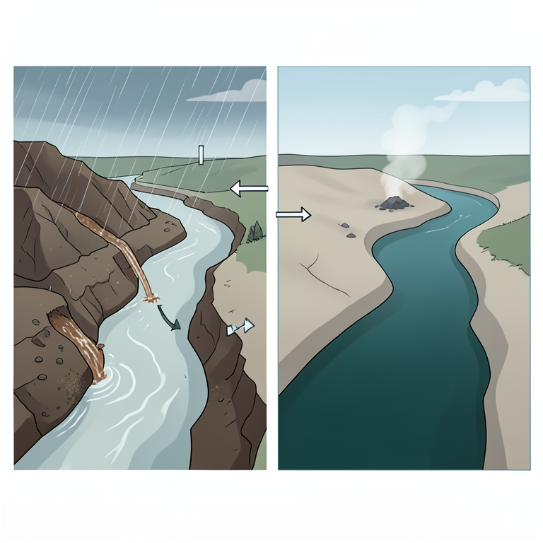 AI-generated conceptual illustration (a river basin adjacent to a coal mine). It explains the idea and does not show study data.
