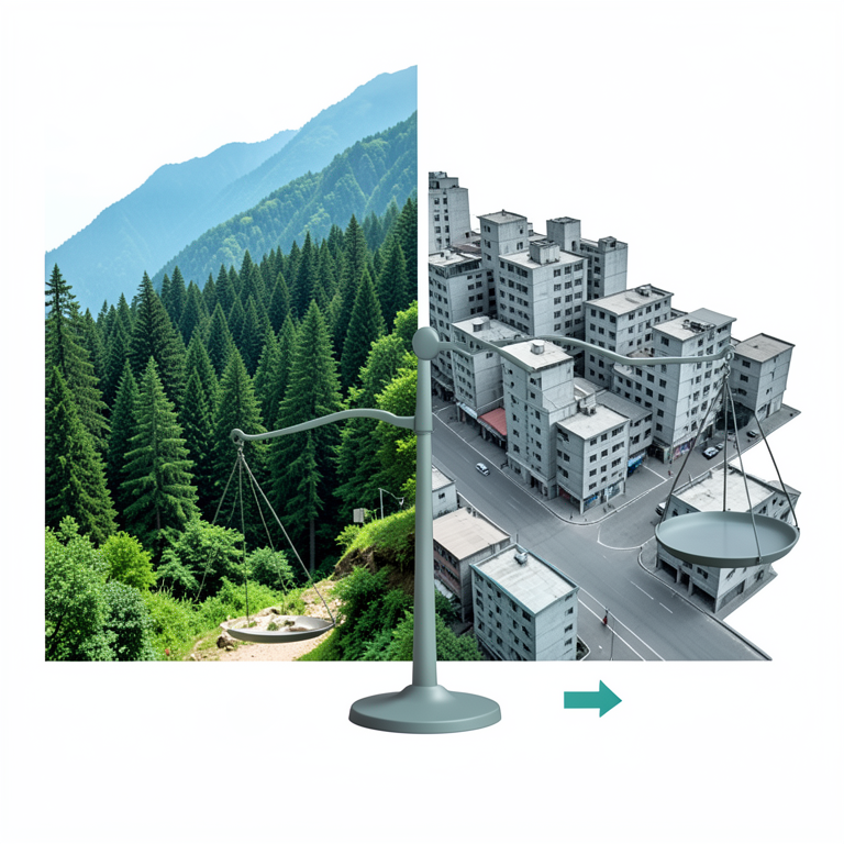 AI-generated conceptual illustration (The city of Shimla, India, featuring Himalayan mountain terrain, coniferous forests, and dense urban architecture). It explains the idea and does not show study data.