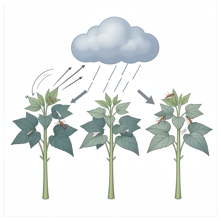 AI-generated conceptual illustration (okra plants infested with aphids, whiteflies, and thrips). It explains the idea and does not show study data.