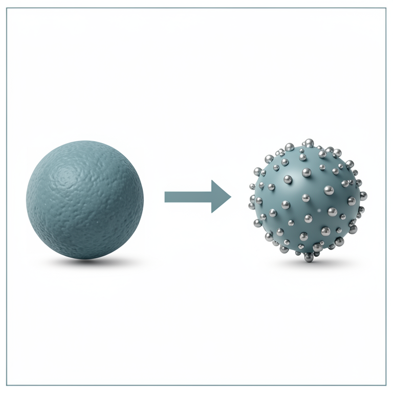 AI-generated conceptual illustration (Cerium oxide and silver hybrid nanoparticles). It explains the idea and does not show study data.
