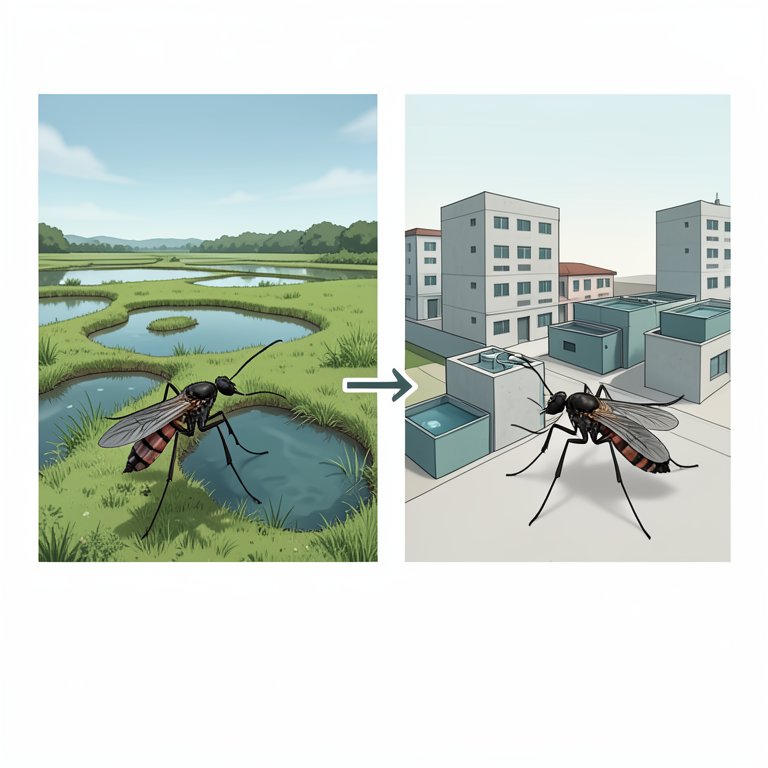 AI-generated conceptual illustration (Anopheles stephensi mosquitoes in rural and urban Eritrean landscapes). It explains the idea and does not show study data.