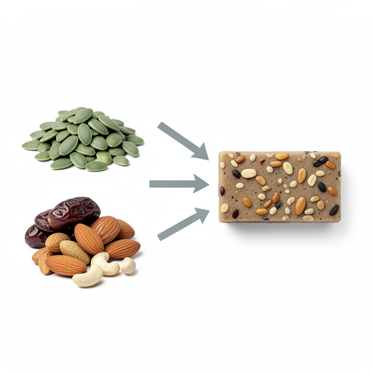 AI-generated conceptual illustration (pumpkin seed protein bars and their raw ingredients). It explains the idea and does not show study data.