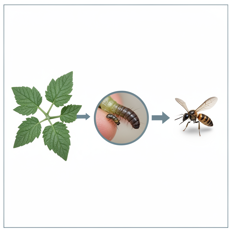 AI-generated conceptual illustration (tomato plants, Tuta absoluta larvae, and Aphanogmus clavicornis wasps). It explains the idea and does not show study data.