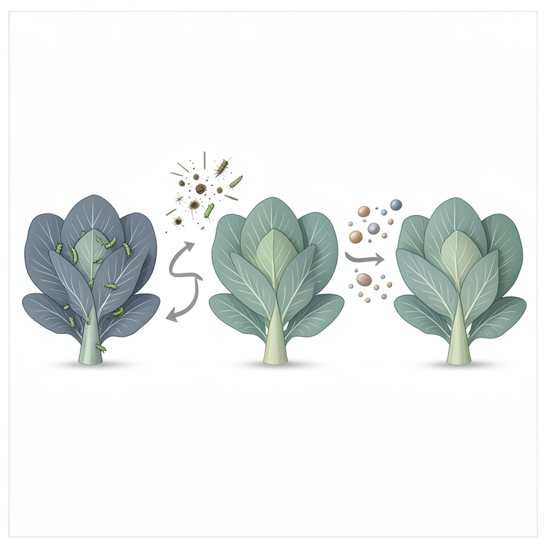 AI-generated conceptual illustration (Cabbage plants and diamondback moth larvae). It explains the idea and does not show study data.