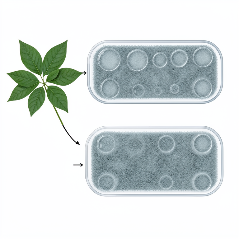 AI-generated conceptual illustration (Mucuna pruriens leaves and Aspergillus niger and Trichoderma reesei fungi). It explains the idea and does not show study data.