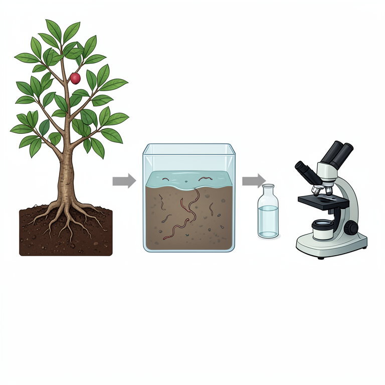 AI-generated conceptual illustration (jujube tree roots and Criconemoides informis nematodes). It explains the idea and does not show study data.