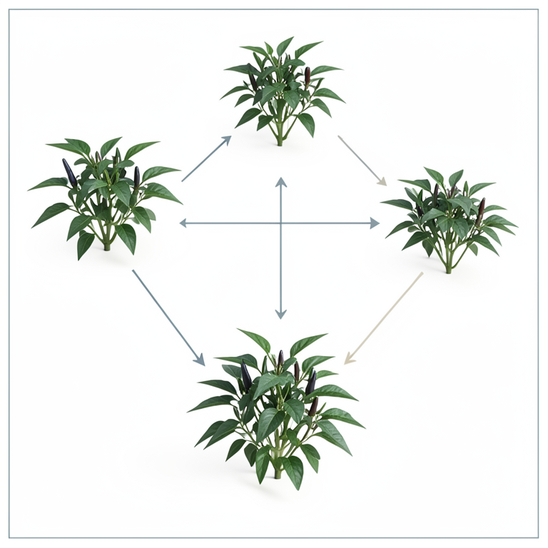 AI-generated conceptual illustration (chilli plants (Capsicum annuum L.)). It explains the idea and does not show study data.