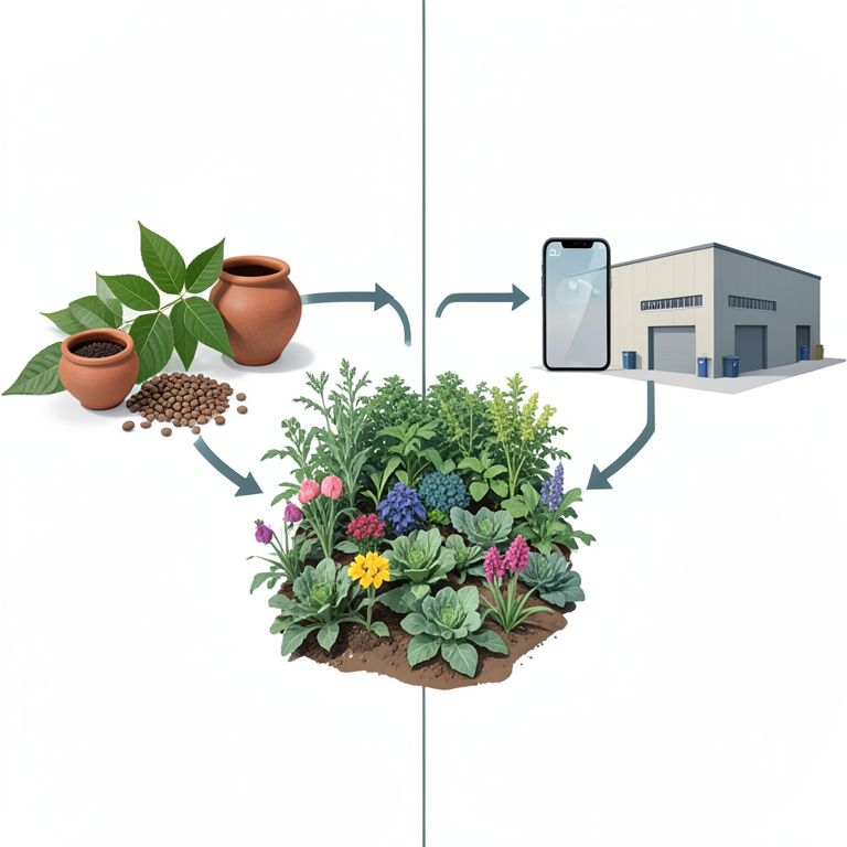 AI-generated conceptual illustration (Vegetable crops in a small-scale farm setting in Bihar, India). It explains the idea and does not show study data.