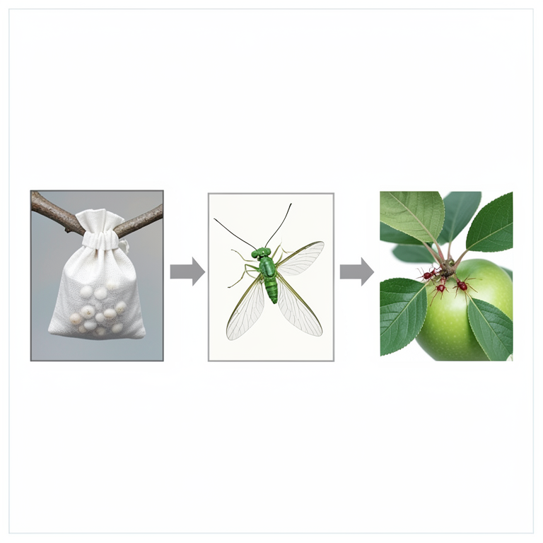 AI-generated conceptual illustration (Apple trees (Malus domestica) and green lacewings (Chrysopa septempunctata)). It explains the idea and does not show study data.