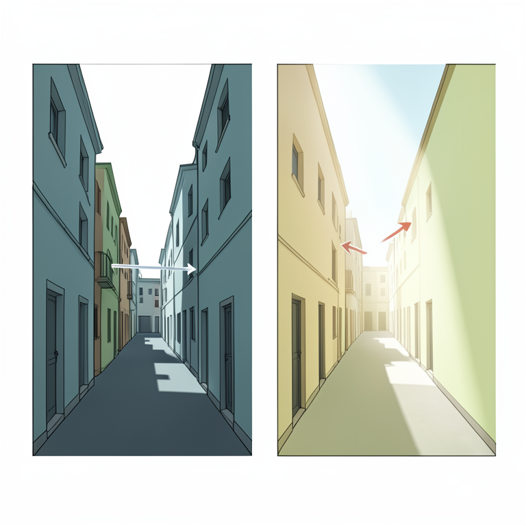 AI-generated conceptual illustration (A narrow street canyon in the historic quarter of Fez with tall lime-washed buildings). It explains the idea and does not show study data.