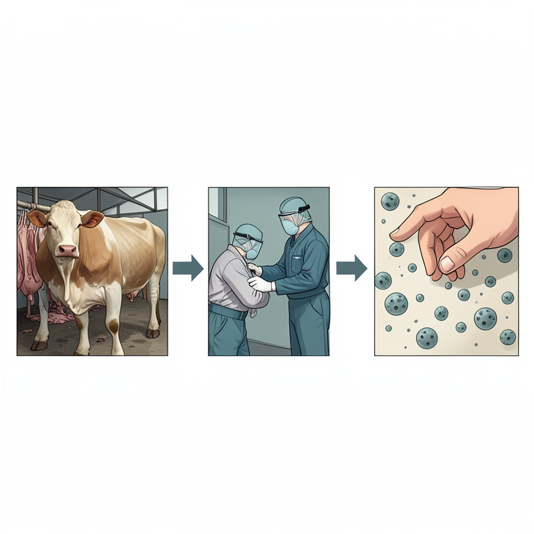 AI-generated conceptual illustration (abattoir workers and cattle in a slaughterhouse setting). It explains the idea and does not show study data.