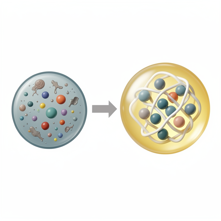 AI-generated conceptual illustration (B-complex vitamin molecules encapsulated in a fat and casein matrix within a rumen fluid environment). It explains the idea and does not show study data.