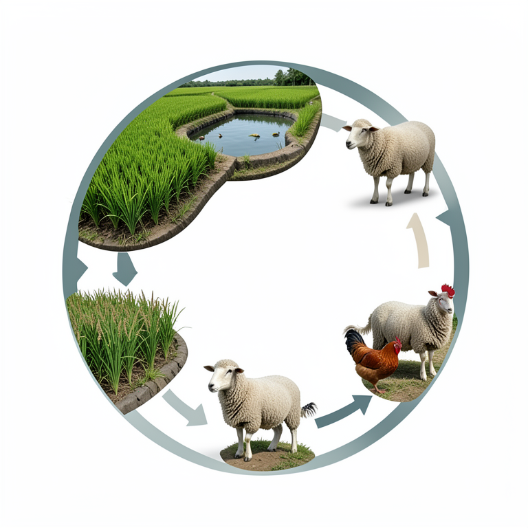 AI-generated conceptual illustration (Rice plants, Aseel poultry, sheep, and a fish pond). It explains the idea and does not show study data.