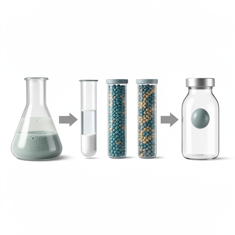 AI-generated conceptual illustration (Pichia pastoris yeast cells and protein purification equipment). It explains the idea and does not show study data.