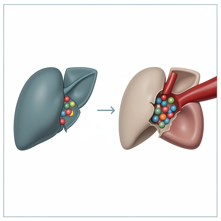 AI-generated conceptual illustration (human liver cells (hepatocytes) and blood vessel). It explains the idea and does not show study data.