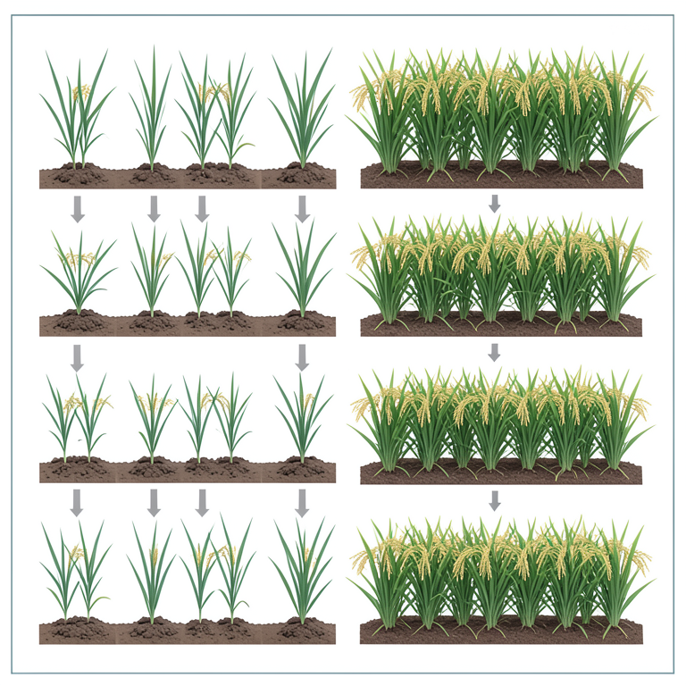 AI-generated conceptual illustration (rice plants (Oryza sativa)). It explains the idea and does not show study data.
