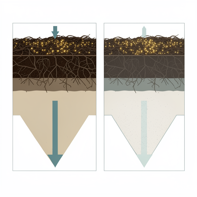 AI-generated conceptual illustration (soil profile in a semi-arid Burkina Faso field). It explains the idea and does not show study data.