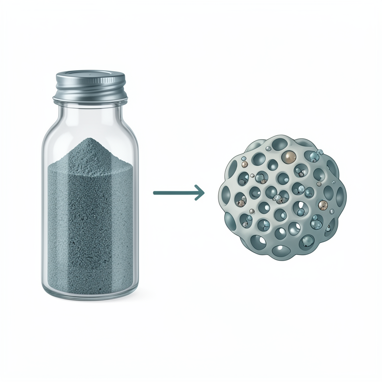 AI-generated conceptual illustration (mesoporous silica MCM-41 material). It explains the idea and does not show study data.