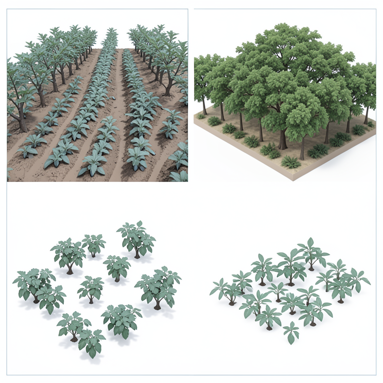 AI-generated conceptual illustration (eggplant plants and Faidherbia albida and Moringa oleifera trees in a Sahelian field). It explains the idea and does not show study data.